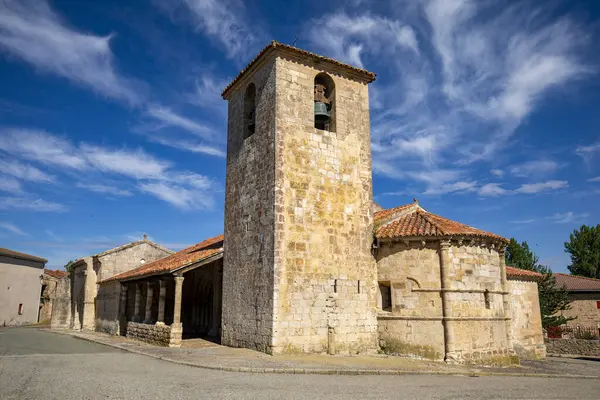 stock image Romanesque church in the town of Campisabalos, in the province of Guadalajara, Castilla-la Mancha, Spain with its tower and daylight