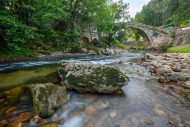 Miera nehri üzerindeki yarı dairesel kemer köprüsü, Lirganes, Cantabria, İspanya, nehir kıyısından görüldü.