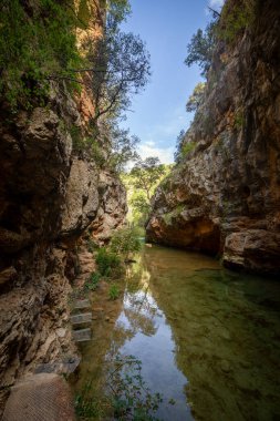 Ebron Nehri Boğazı 'nın, Teruel' in, Aragon 'un, İspanya' nın yüksek kaya duvarları ve yürüyüş yolları olan şeffaf suları arasındaki uzantısının dikey görüntüsü.
