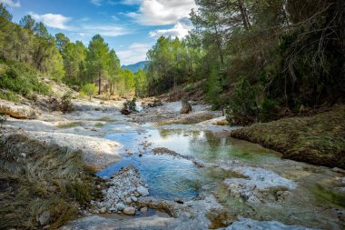 Güneşli bir günde, İspanya 'nın Murcia bölgesinin Moratalla bölgesindeki Hondares nehrinin manzarası