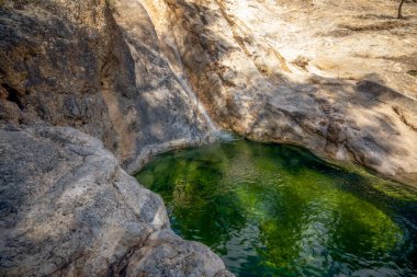 İspanya 'nın Murcia bölgesindeki Moratalla bölgesindeki Hondares nehrindeki Somogil hamamlarından birinin zümrüt yeşili sularıyla manzarası.