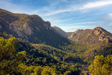 Aydınlık bir günde Akdeniz çam ormanıyla birlikte İspanya 'nın Murcia bölgesindeki Ricote sıradağlarının manzarası
