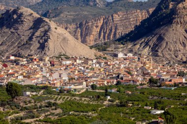 Ricote Vadisi 'nin panoramik manzarası, Murcia Bölgesi, İspanya, arka planda kasaba ve güneşli bir günde dağlar.