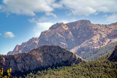 İspanya 'nın Murcia bölgesindeki Sierra Espua dağlarının tepelerinden birinin detaylı bir görüntüsü, kaya oluşumları ve tipik çam ormanları..