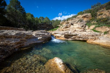 İspanya 'nın Murcia bölgesindeki Bullas kasabasındaki Mula Nehri şelalelerinden birinin ayrıntıları. Sabah ışığında zümrüt renginde sularla kaplı..