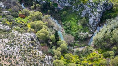 Arka planda Qupar Nehri, Caravaca de la Cruz, Murcia Bölgesi, İspanya ile dağlık bir bahar manzarası.