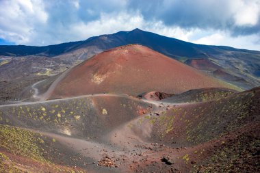 Etna Dağı, Catania, Sicilya, İtalya 'nın zirvesinden göz kamaştırıcı bir manzara, renkli lav yamaçları ve kraterleriyle