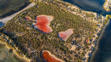 San Pedro del Pinatar Salt Flats Bölgesel Parkı, Murcia Bölgesi, İspanya, şafak vakti İHA 'dan görüldü.