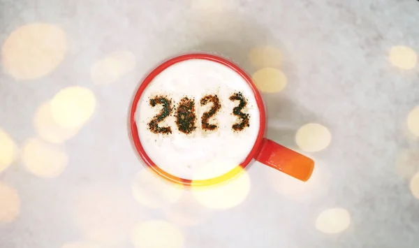 2023 Cup Coffee Top View New Year Resolution Winter Holidays — Stock Photo, Image