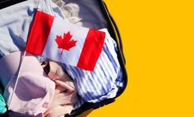 Kanada bayrağına git. Bayrak dolu bavul. Göçmenlik kavramı