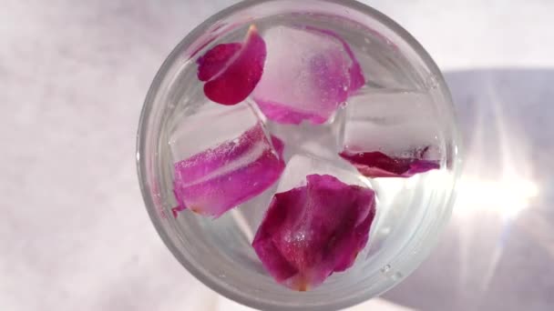 Pétales Roses Glaçons Cocktail Été Rafraîchissant Vue Dessus — Video