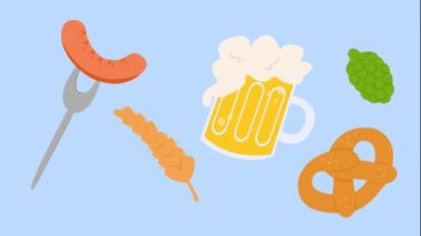 Oktoberfest elementleri ayarlandı. Bavyera kültürü. Bira, simit ve sosis animasyonu.