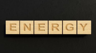  Enerji konsepti. Tahta küplerin metin animasyonu. Enerji kaynakları