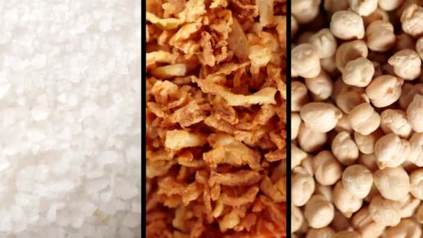 Tło Składników Żywności Produkty Dietetyczne Asortyment Wideo Sól Chrupiąca Cebula — Wideo stockowe