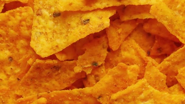 Textura Nacho Chips Cerca Fondo Alimenticio Sabrosos Bocadillos — Vídeos de Stock