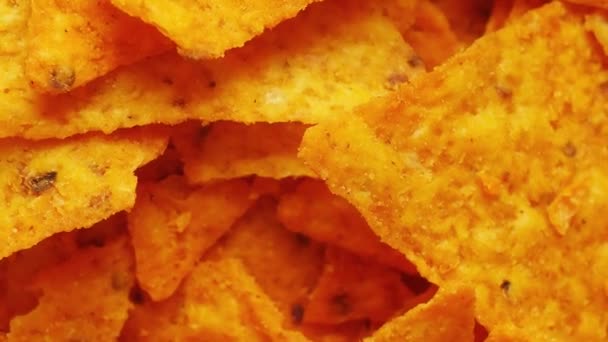 Textura Nacho Chips Cerca Fondo Alimenticio Sabrosos Bocadillos — Vídeos de Stock