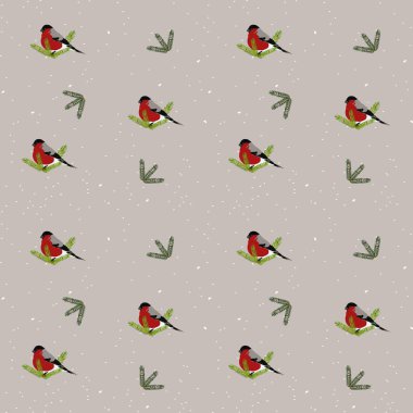 Karda bir Noel ağacı dalındaki ispinoz kuşu. Gri arkaplanda pürüzsüz desen