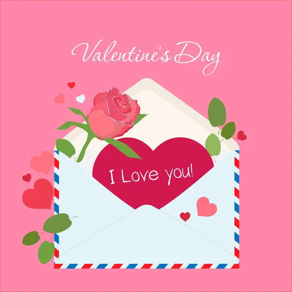 Romantic Valentines Day Letter Loved One Rose Vector Illustration Sending — Stock Vector