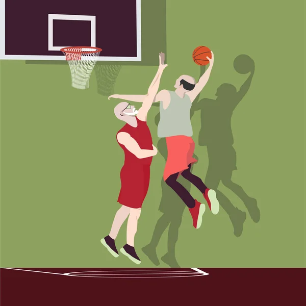 Basketbol Salonunda Iki Neşeli Aktif Yaşlı Adam Basketbol Oynuyor Altmışından — Stok Vektör