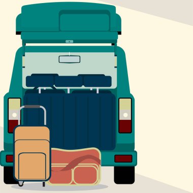 Suitcase, bag near the trunk of the car at the back. Vector illustration in flat style