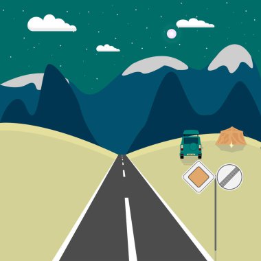 Adventure camping. Evening scene. Journey to the mountains. The background is a starry night sky with moonlight and clouds.