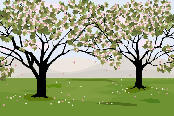 stock vector sakura trees against the blue sky and mountains. Cherry, plum, hanami blossom trees.