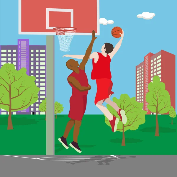 キャンパスバスケットボールコートで 青空と高層ビルで バスケットボールをする生徒たち — ストックベクタ
