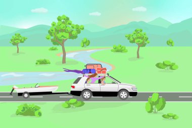 Aile otototofizmi, bir aile otoyol boyunca araba ile seyahat eder manzaralı yerlerde, bir araba römorkunda bir motorlu tekne, bir arabanın bagajında bir valiz, bir spor çantası, bir çadır, yeşil bir arka planda