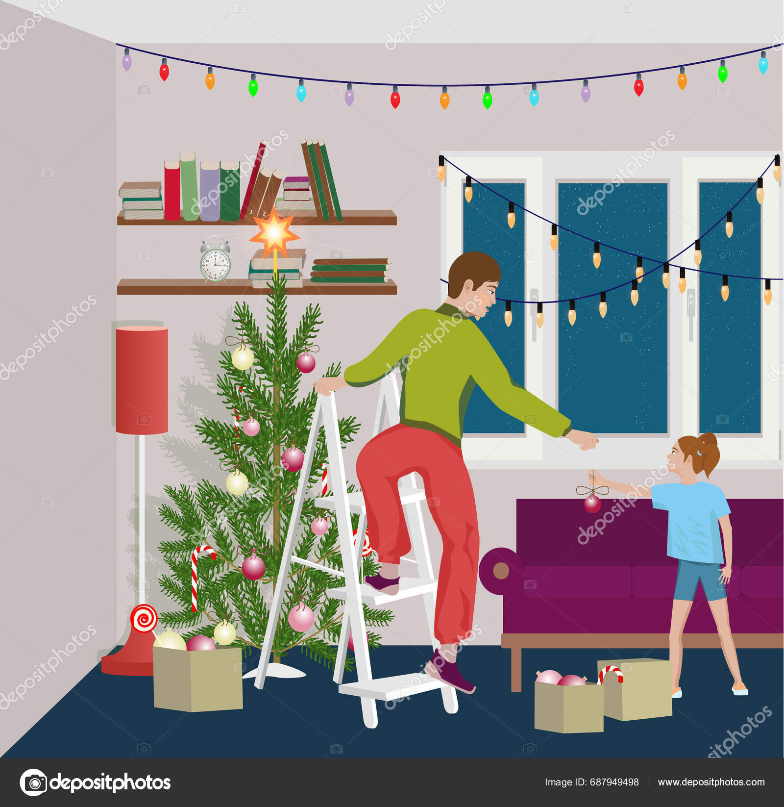 Dad Daughter Decorate Christmas Tree New Year’s Toys Room Which Stock