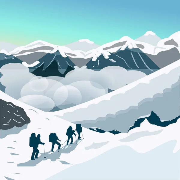 stock vector at dawn, a group of climbers climb a snow-capped mountain peak, against the backdrop of clouds, a mountain range and a clear sky