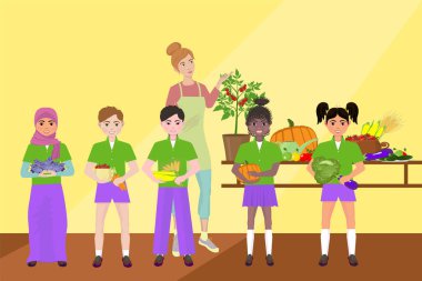 Okul çocuklarına ders vermek. Bölüm 5. Botanik ve bitki yetiştirme öğretmeni, çok uluslu bir sınıftan gelen öğrencilerle birlikte, okul seralarında ve okul tarımsal alanlarında büyük miktarda sebze ve meyve hasadı yetiştirdi..