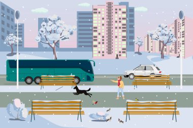 In a snowy city park, a girl trains a dog, nearby are pigeons, a bullfinch and a tit. On the road, a bus and a car pass by against the backdrop of snowfall and a city landscape