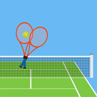 Önlerinde iki çapraz tenis raketi ve tenis topu var. Mavi arka planda ağ var.