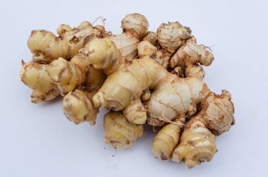 Taze yıkanmış zencefil kökleri beyaz bir yüzeyde.