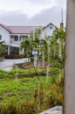 Yağmur yağıyor. Binanın kenarından su çarşafları düşüyor. Su çimenli alana yerleşir ve uzaktaki saksılardan su akar ve asfalttan yola doğru akar..