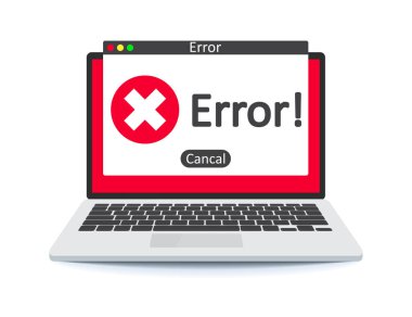 Dizüstü bilgisayar ekranında hata mesajı. Bir bilgisayar aygıtının ekranında hata uyarısı işareti. Vektör illüstrasyonu