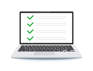 Dizüstü bilgisayarda kontrol listesi, işaretli kutular. Vektör illüstrasyonu