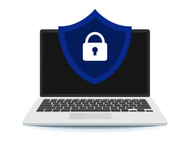 Dizüstü bilgisayarda veri koruma kavramı. Bilgisayarında kilit olan bir kalkan. Laptop ve kalkan ikonu kilitlendi. Vektör illüstrasyonu