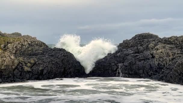Slow Motion Video Wave Crashing Rocks Cold Winter Day North — Video Stock