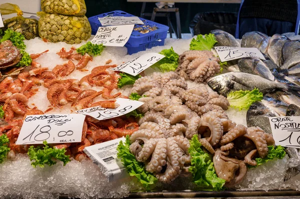 Veneza Itália Fevereiro 2023 Peixe Fresco Exibido Rialto Fish Market — Fotografia de Stock