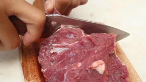 Slicing Beef Wooden Cutting Board Sharp Knife Suitable Mutton Beef — Stock Video
