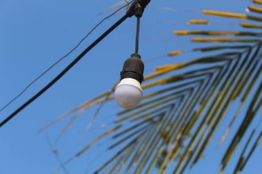 Eski usul ampul, gerilmiş kablolarla birlikte sabahları açık mavi gökyüzünün arka planında.