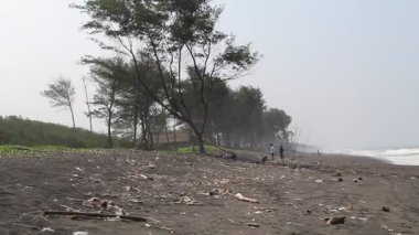 Yüksek ağaçlarla ve puslu zemine saçılmış çöplerle dolu açık hava manzarası çevresel etkiyi vurguluyor. Editoryal, doğa veya farkındalık temalı görsel içerik için ideal.