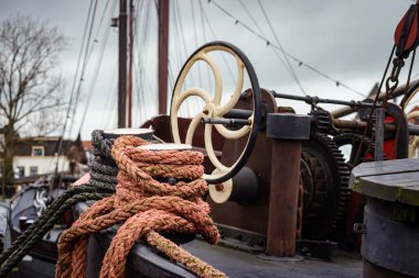 Details of ship equipment in Leiden`s marina in the cloudy day, Netherlands 