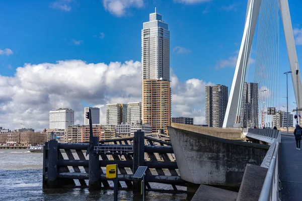Maart 2023 Rotterdam Nederland Erasmusbrug Met Fiets Voetgangersbaan — Stockfoto