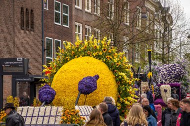 23 Nisan 2023 Haarlem, Hollanda, Haarlem 'deki araçlarla ilgili geleneksel çiçek geçit töreninden ayrıntılar 