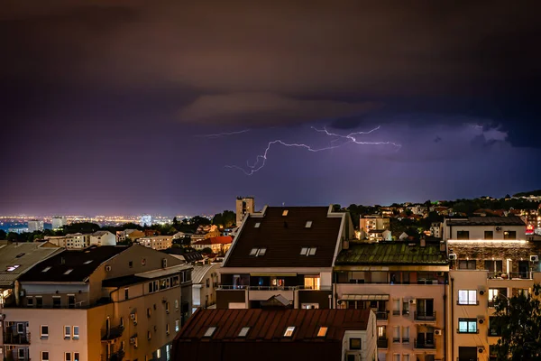 Tempête Estivale Pluie Éclairages Sur Ville Belgrade Serbie — Photo