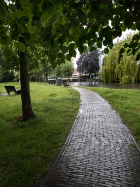 Leiden 'ın merkezindeki parkta tuğla yol.