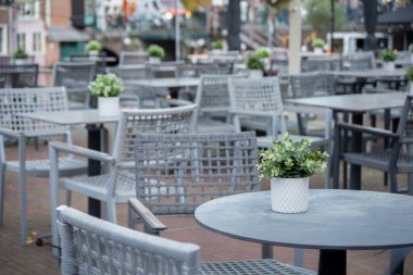 Leiden, Hollanda 'da güzel bir kafe. Açık havada bir kanalın yanında oturuyor. Beyaz masalarda saksı bitkileri, hasır sandalyeler, bakir, Hollanda