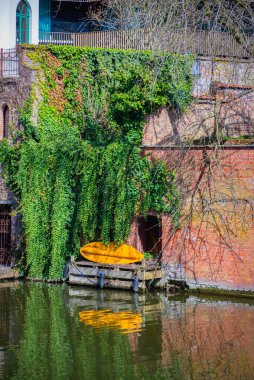 Parlak sarı bir tekne, sarmaşıkla kaplanmış tuğla bir duvarın yanındaki küçük ahşap iskelede duruyor. Gent, Belçika 'da güneşli bir bahar gününde sakin kanal sularında canlı bir yansıma oluşuyor..